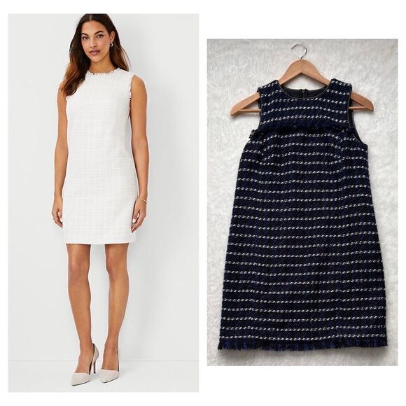 NWT Ann Taylor Factory Sleeveless Fringe Tweed Shift Dress, Size 0P - Picture 1 of 13